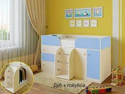 Кровать-чердак Малыш-4 Дуб молочный/Голубой в Назарово - nazarovo.mebel54.com | фото